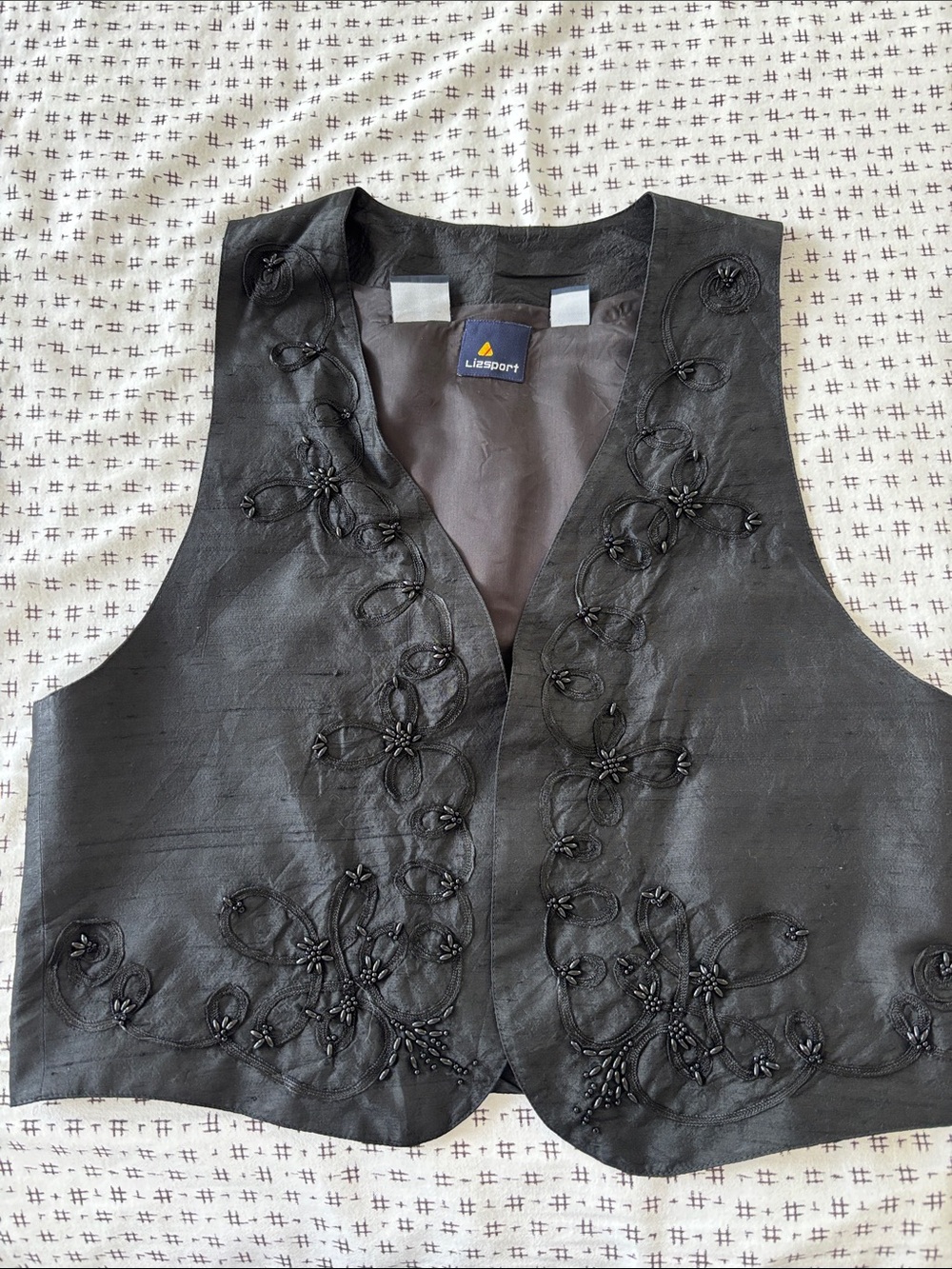 Vintage Liz Sport silk vest, black, embroidered bead embellishment, size S